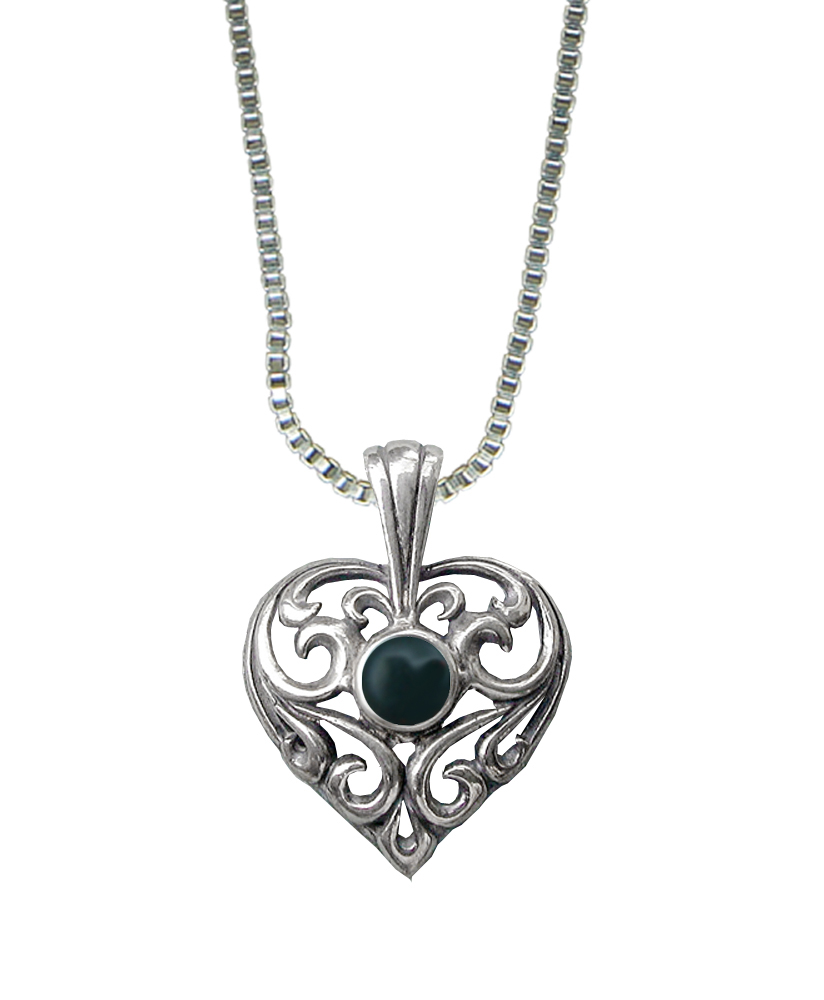 Sterling Silver Exceptional Filigree Heart Pendant With Bloodstone